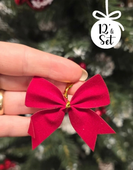 12LI Kırmızı Fiyonk Yılbaşı Ağaç Süsleri Gold Ipli Fiyonk Kurdele Kırmızı