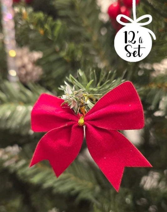 12LI Kırmızı Fiyonk Yılbaşı Ağaç Süsleri Gold Ipli Fiyonk Kurdele Kırmızı
